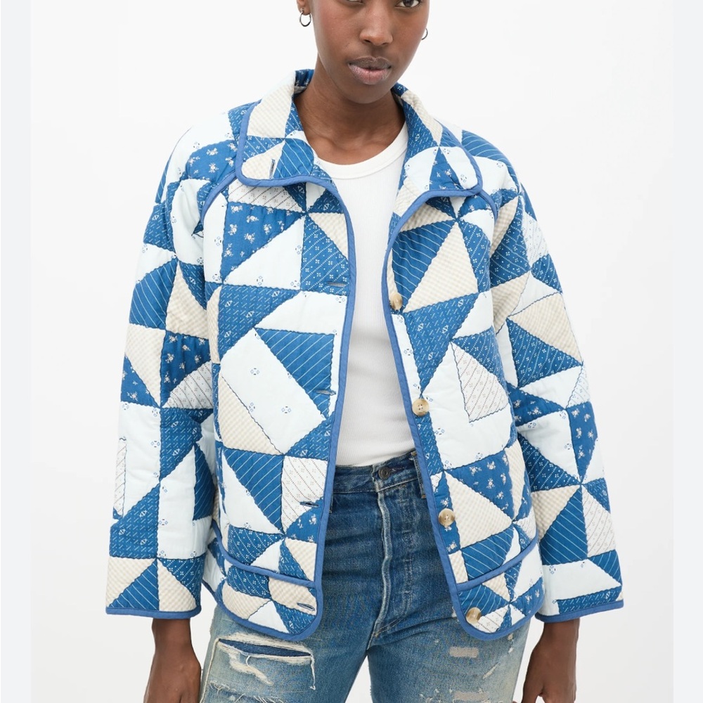 Sézane Léopold Quilted Jacket Coat Blue White Rare Sz 42 organic cotton